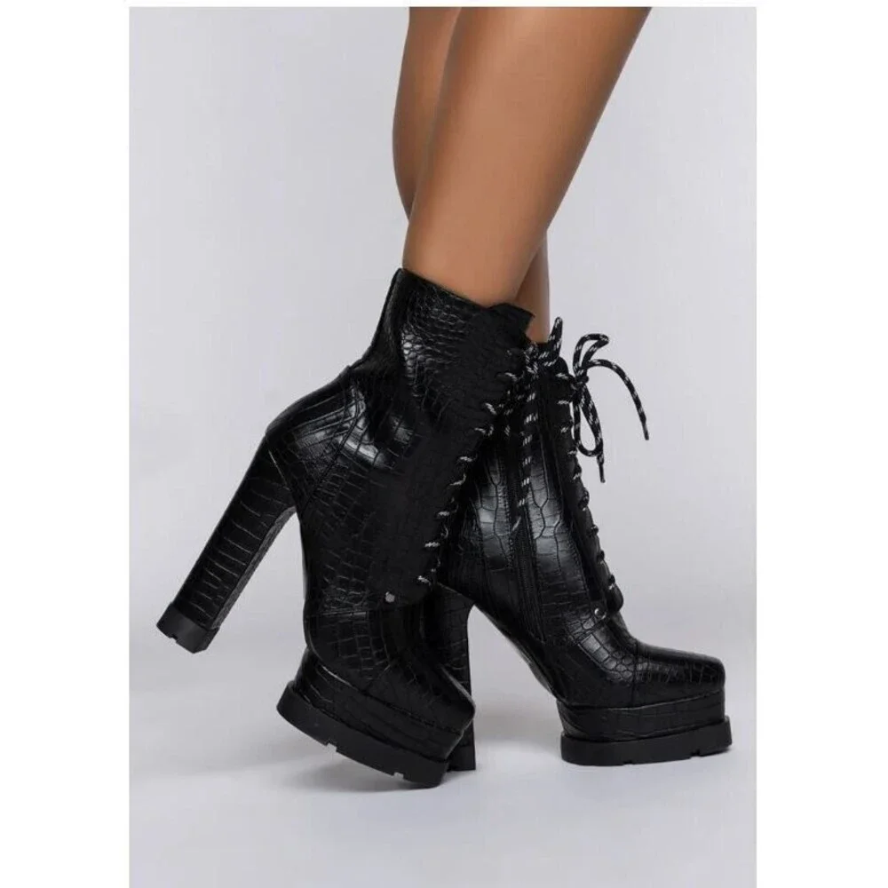 Azalea Wang Dolls Kill Ankle Boots NWOB Black Vegan Crocodile Heels Size 11